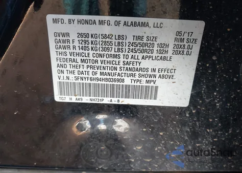 2017 Honda Pilot Touring z USA, uszkodzony, nr VIN 5FNYF6H94HB036908